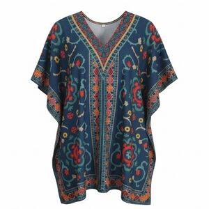 Flying Tomato Boho Caftan Tunic Top S M Navy Floral Oversized Dolman Resort
